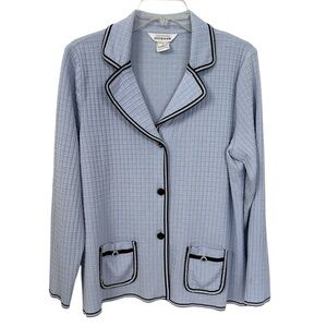 Misook Cardigan Knit Jacket Blue Black Button Front Women’s Size Large *Flaws